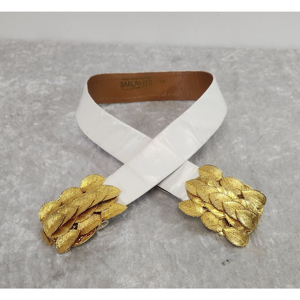 Vintage Abbe Creations SAKOWITZ Womens White w Gold Leaf Buckles Belt-Size XS
